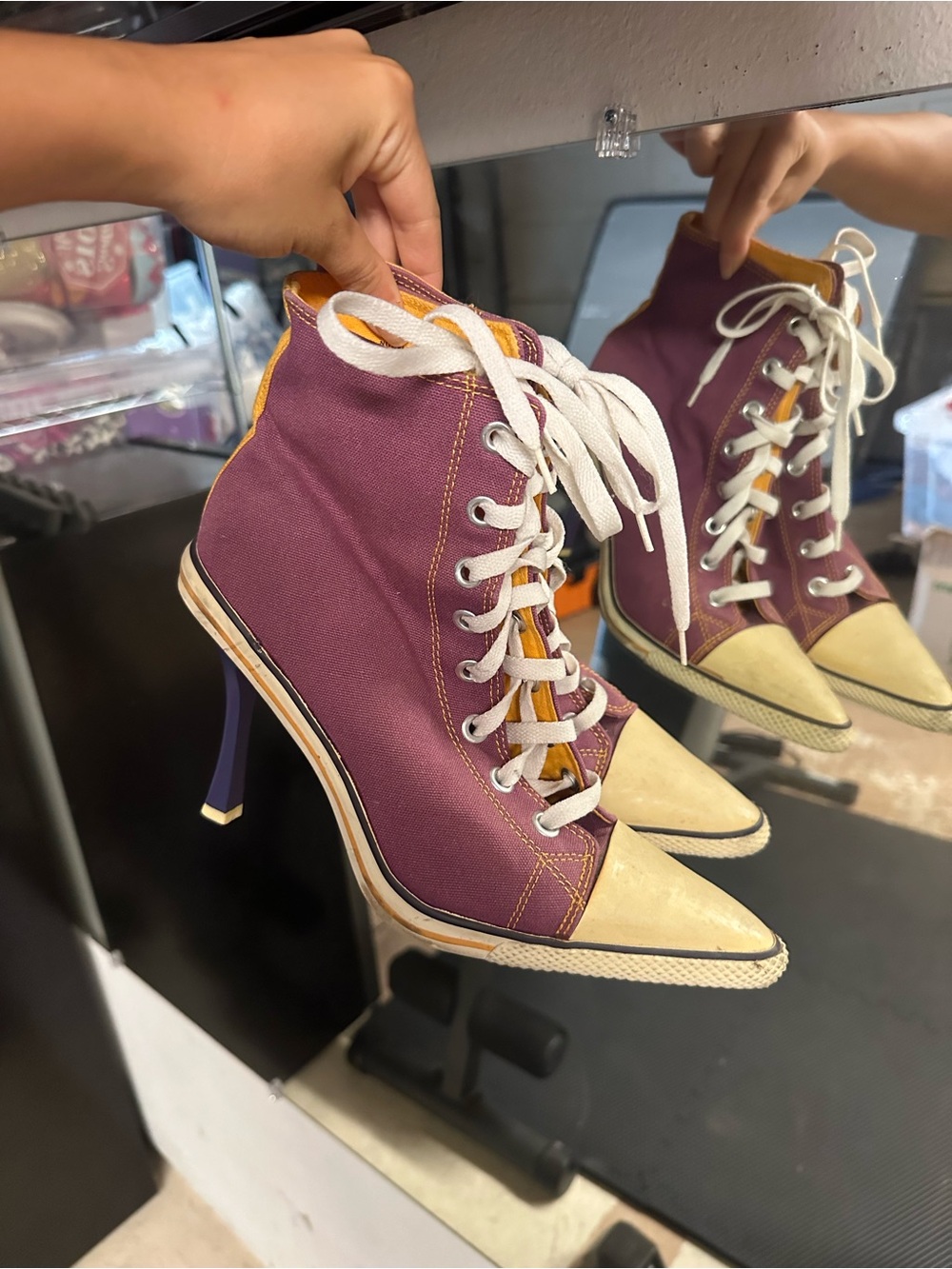 Anne Michelle Nowell Stiletto Lace Up Sneaker Heels Purple Canvas - Picture 3 of 5